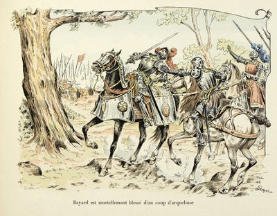 Ilustrace převzatá z knihy „Histoire du chevalier Bayard“ od Theodora Cahu, ilustrovaná Paulem De Semantem (1855-1915): Bayard se smrtelně zraní výstřelem z arkebuze 1524 od Paul de Semant