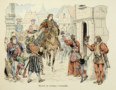 Ilustrace převzatá z knihy „Histoire du chevalier Bayard“ od Theodora Cahu, ilustrovaná Paulem De Semantem (1855-1915): Bayard chválí v Grenoblu od Paul de Semant