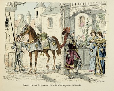 Ilustrace převzatá z knihy „Histoire du chevalier Bayard“ od Theodora Cahu, ilustrovaná Paulem De Semantem (1855-1915): Bayard odmítá dary dcer pána z Brescie 1512 od Paul de Semant
