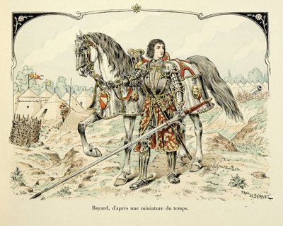 Ilustrace převzatá z knihy „Histoire du chevalier Bayard“ od Theodora Cahu, ilustrovaná Paulem De Semantem (1855-1915): Portrét Bayarda podle dobové miniatury od Paul de Semant