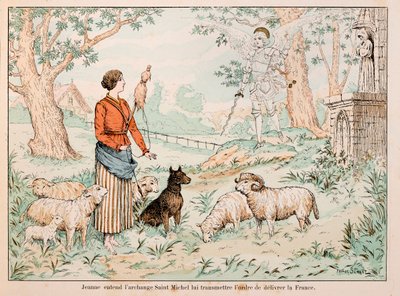 Ilustrace převzatá z knihy „“ Johanka z Arku “ od Theodora Cahu a ilustrovaná Paulem De Semantem (1855-1915): Johanka z Arku slyší, jak archanděl svatý Michael předává rozkaz k osvobození Francie od Paul de Semant