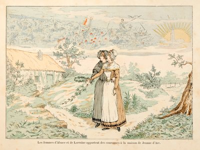 Ilustrace převzatá z knihy „“ Johanka z Arku „“ od Theodora Cahu a ilustrovaná Paulem De Semantem (1855-1915): Alegorie na památku Johanky z Arku; ženy z Alsaska a Lotrinska přinášejí koruny do domu Johanky z Arku od Paul de Semant