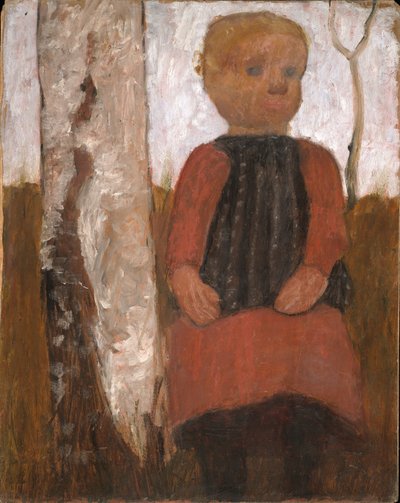 Dítě v červených šatech na kmeni břízy od Paula Modersohn-Becker