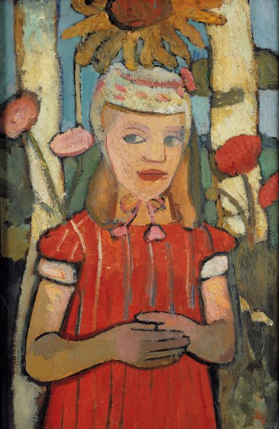 Dívka v červených šatech před slunečnice, 1907. od Paula Modersohn Becker