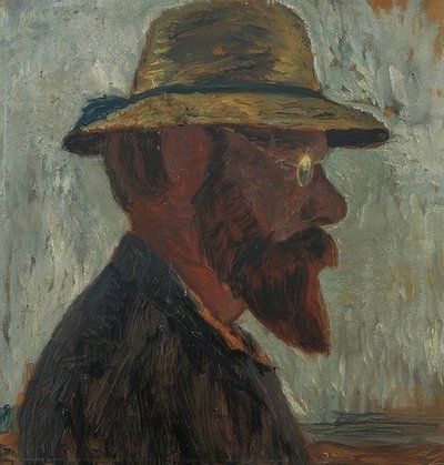 Otto Modersohn se slaměným kloboukem v profilu vpravo. Kolem roku 1905 od Paula Modersohn Becker