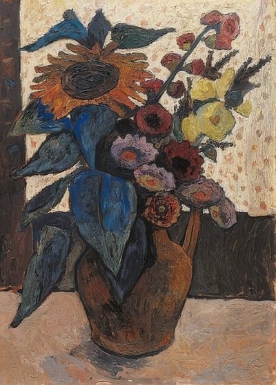 Zátiší se slunečnicemi, topolovkami a jitrocelami. 1907 od Paula Modersohn Becker