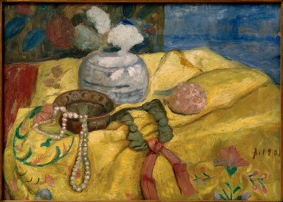 Zátiší se žlutou dekou a zázvorovým květináčem s květinami od Paula Modersohn Becker
