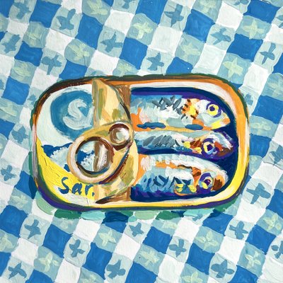 Sardinky na modrém kostkovaném vzoru od Pauline Wegman | Key and Sea Creative