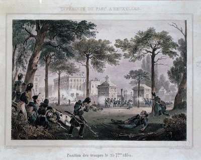 Vojáci v Parc Royal, Brusel, 25. září 1830, rytina Dewasme-Pletinckx (barevná litografie) od Paulus (after) Lauters