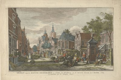 Pohled na denní zelený trh v Haagu Pohled na Kleyne Groenmarkt, na Halu, radnici a Groote Kerk v Haagu (název na objektu) Osm tváří v Haagu (název série) od Paulus Constantijn la Fargue