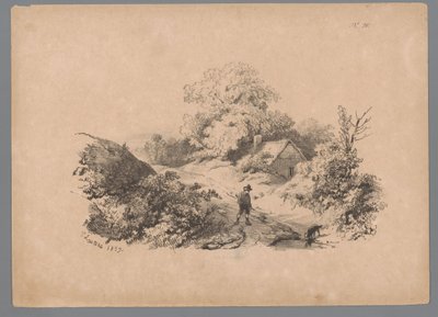 Krajina s mužem a psem na venkovské cestě Landscape Studies od Pauluse Lauterse (název série) Nouvelle suite de 40 études de paysages par P. Lauters (název série) od Paulus Lauters