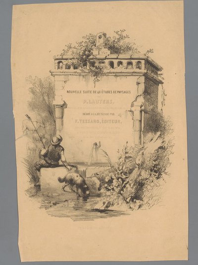 Muž se psem sedí na okraji fontány Landscape Studies od Pauluse Lauterse (název série) Nouvelle suite de 40 études de paysages par P. Lauters (název série na objektu) od Paulus Lauters