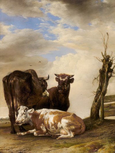 Dvě krávy a mladý býk vedle plotu na louce, 1647. od Paulus Potter