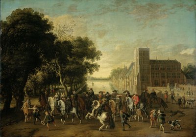 Princ Maurits v doprovodu prince Frederika Hendrika, českého krále Frederika V. a jeho manželky Alžběty Stuartovny a dalších na Buitenhofu v Haagu. od Pauwels van Hillegaert