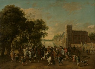 Princ Maurits v doprovodu prince Frederika Hendrika, Fridricha V. Českého a jeho manželky Alžběty Stuartovny a dalších na Buitenhofu v Haagu od Pauwels van Hillegaert