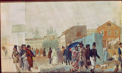 Pouliční scéna v dešti v Moskvě. Dílo Pavla Andrejeviče Fedotova (1815-1852), akvarel na papíře od Pavel Andreevich Fedotov