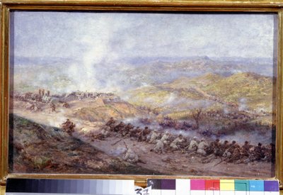 A Scene of the Russo Turkey War (1876-1878) (Scene of the Russo Turkey War). Bojiště na Balkáně, kde se střetli vojáci ruské armády a Osmanské říše při obléhání Plevenu (nebo Plevny v Bulharsku) v roce 1877. Obraz od Pavel Osipovich Kovalevsky