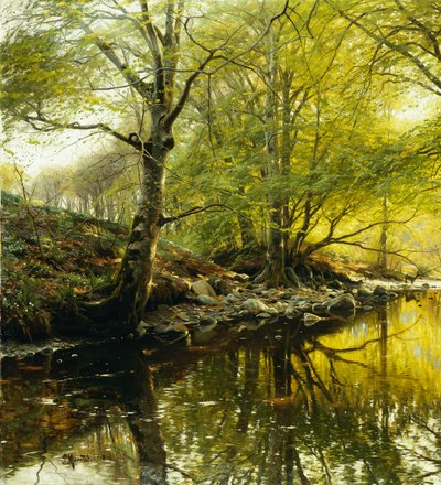 Zalesněná říční krajina od Peder Monsted