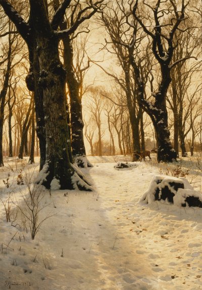Zalesněná zimní krajina s jeleny od Peder Monsted