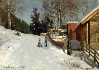 Děti si hrají na zasněžené vesnické ulici od Peder Monsted