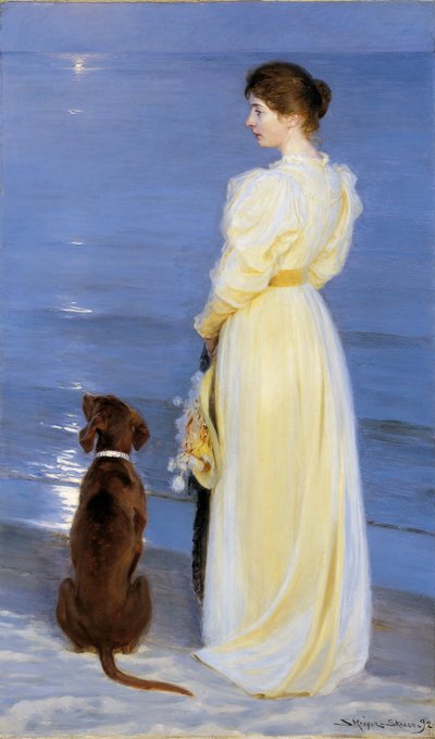 Letní večer ve Skagenu. Umělcova žena se psem na pláži od Peder Severin Krøyer