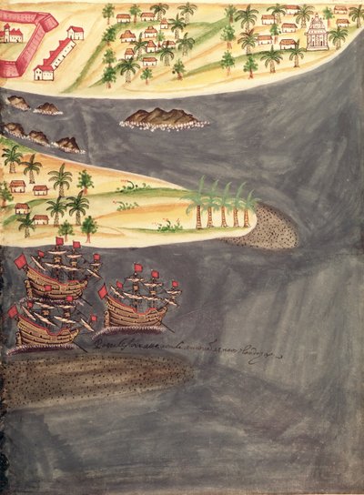 Sloane 197 f.182 Průzkumná mapa Suratu v indickém okrese Gujarat, ilustrace z „Historických účtů portugalských osad“ od Pedro Barretto de Resende