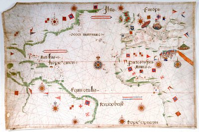 Portulánská mapa Atlantského oceánu, Středozemního a Černého moře, cca 1535 (pergamen, papír) od Pedro Reinel
