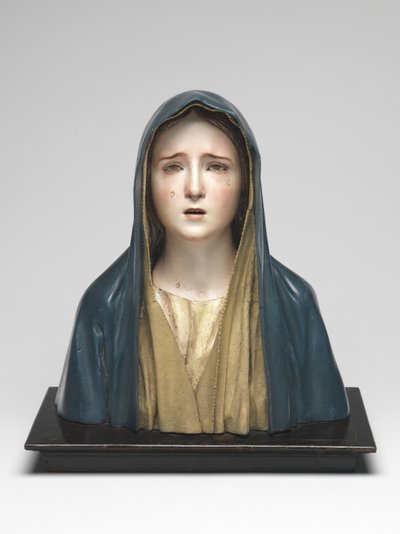 Bolestná Panna Maria Mater Dolorosa (polychromované dřevo, sklo a zvířecí srst) od Pedro de Mena