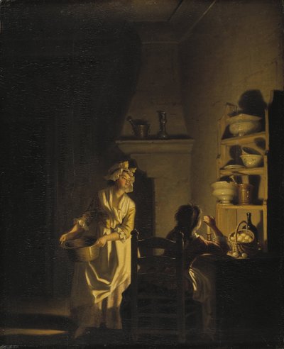 Le test des oeufs, interieur de cuisine - Testování vajec. Interiér kuchyně, od Hillestrom, Pehr (1732-1816). Olej na dřevě. Rozměr: 39 x 32 cm. Národní muzeum Stockholm od Pehr Hilleström