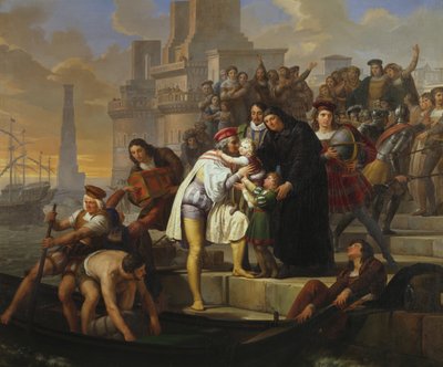 Christopher Columbus objímá své dva syny a doporučuje je otci Giovanni Perezovi, než odjede z Palos na cestu za poznáním Ameriky od Pelagio Palagi