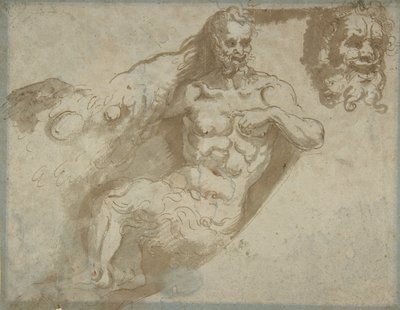 Sedící satyr, se zvětšenou hlavou stejného obdélníku, hlava ženy vzadu, 1527-96. od Pellegrino Tibaldi
