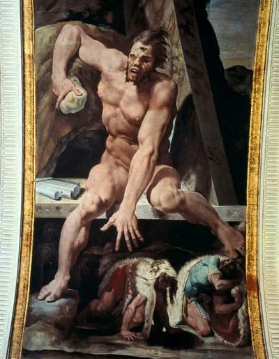 Ulysses a jeho společníci prchají z doupěte Polyphemus. Freska od Pellegrino Tibaldi