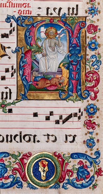 Knihovna Piccolomini: sborová kniha, treska. 101,7, násl. 14r se „Vzkříšením Krista“, od Pellegrina di Mariana. od Pellegrino di Mariano