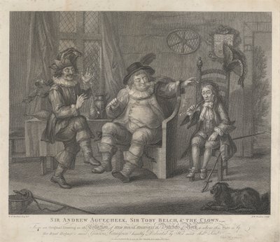 Sir Andrew Aguecheek, Sir Toby Belch a klaun - „Dvanáctá noc“, dějství II, scéna III od Peltro W. Tomkins