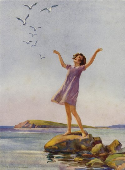 Dívka si užívá slunce u moře (barva litho) od Percy Bell Hickling