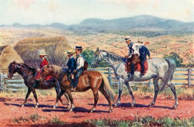 Australské děti jezdí do školy (barevné litho) od Percy F.S. (after) Spence