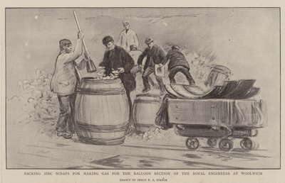 Balení zinkových šrotů pro výrobu plynu pro balónovou sekci Royal Engineers ve Woolwichi od Percy F.S. Spence