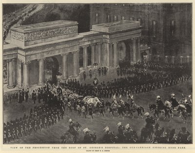 Pohled na průvod ze střechy nemocnice svatého Jiří, kočár vjíždějící do Hyde Parku od Percy F.S. Spence