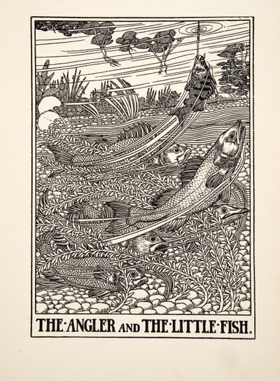 Rybář a rybička, ze Sto Ezopových bajek, pub. 1903 (rytina) od Percy J. Billingshurst