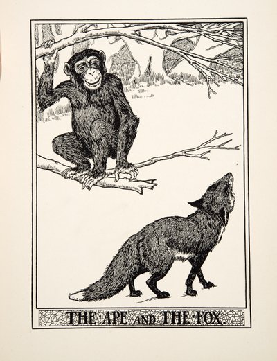 Opice a liška, ze sta Ezopových bajek, pub. 1903 (rytina) od Percy J. Billingshurst