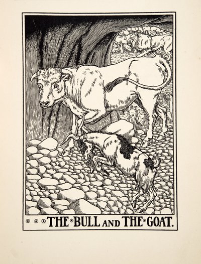 Býk a koza, ze Sto Ezopových bajek, pub. 1903 (rytina) od Percy J. Billingshurst