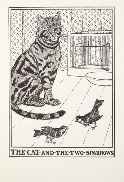 The Cat and the Two Sparrows, from Fontaine Fables, pub. 1905 od Percy J. Billingshurst