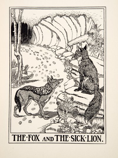 Liška a nemocný lev, ze sta Ezopových bajek, pub. 1903 (rytina) od Percy J. Billingshurst