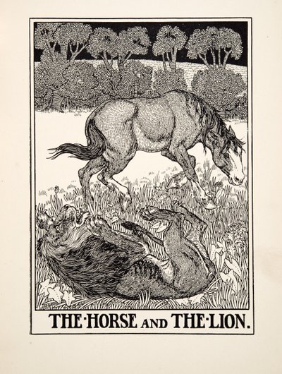 Kůň a lev, ze sta Ezopových bajek, pub.1903 od Percy J. Billingshurst