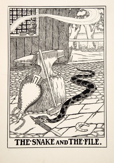 The Snake and the File, from A Hundred Bajky of Ezop, pub. 1903 (rytina) od Percy J. Billingshurst