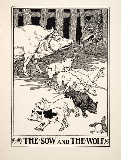 Prasnice a vlk, ze sta Ezopových bajek, pub. 1903 (rytina) od Percy J. Billingshurst