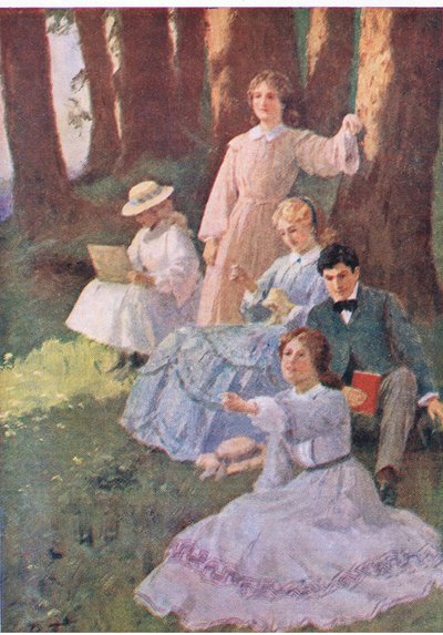 Jo ukázala a Laurie se pustila do zkoumání z knihy Little Women vydané Associated Newspapers Limited, kolem roku 1940 (barevné lito) od Percy Tarrant