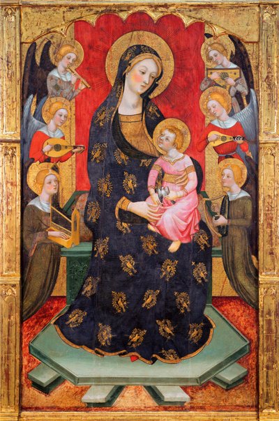 Madonna a dítě s anděly hudebníků - Madonna s anděly hrají hudbu - Malba Pere (Pedro) Serra (aktivní kolem 1357-1406), cca 1380 - Tempera na panelu - Museu Nacional d