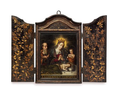 Přenosná křesťanská svatyně (Seigan) na objednávku portugalských jezuitů (olej na mědi v případě) od Period Momoyama