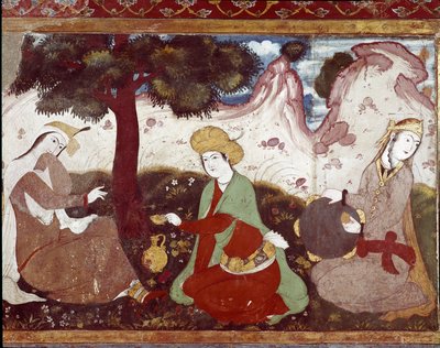 Perská princezna se svými kurtizánami v zahradě ze 17. století. Freska z Paláce 40 sloupů (Chehel Sotoun) v Isfahánu (Isfahán nebo Esfahán, Isfahán), Írán. od Persian School